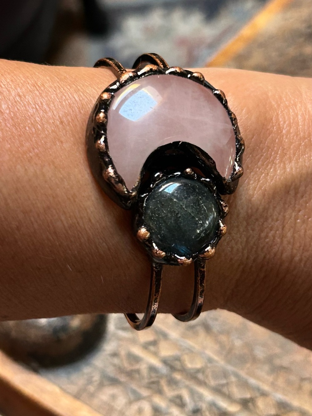 Artisan Rose Quartz and Labradorite Stone Copper Cuff Bracelet - Women Jewelry